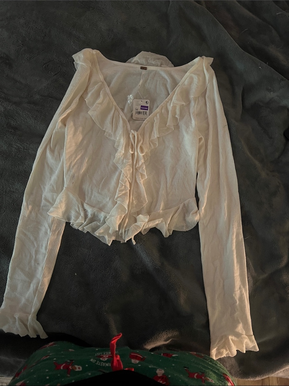 Free People Cream Ruffle Tie-Front Long Sleeve Blouse